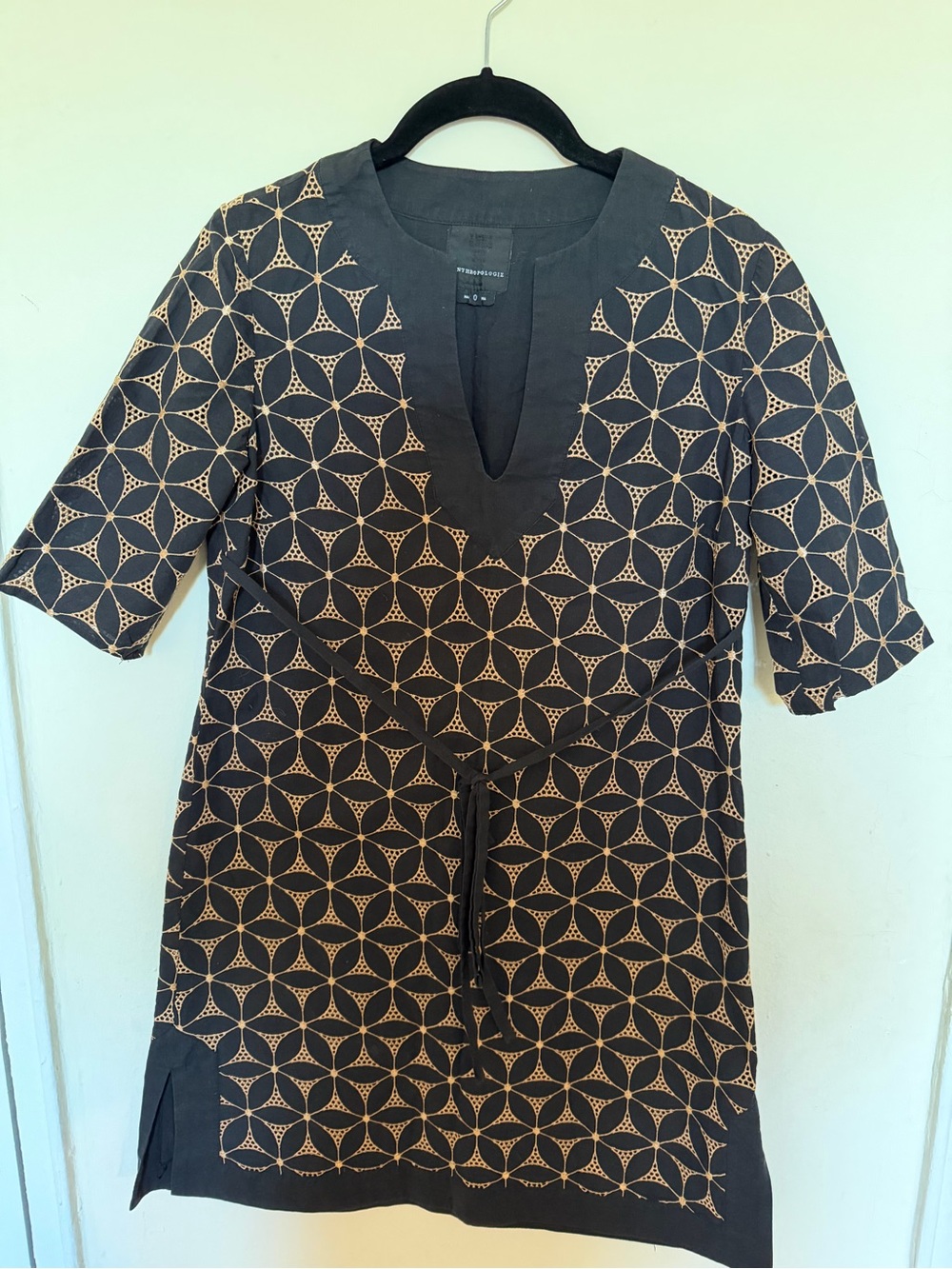 Anna Sui for Anthropologie Black Dress with Beige Geometric Print